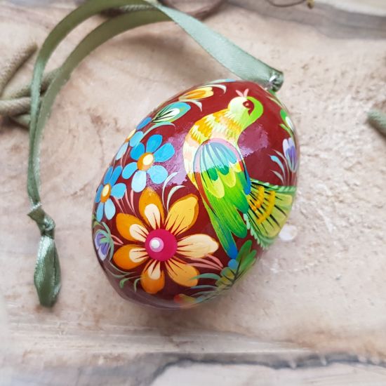 Wooden painted Easter egg, ukrainan pysanky with bird
