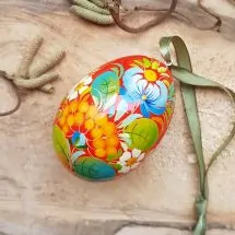 Red hand painted with flowers wooden Easter egg, Ukrainian Pysanky