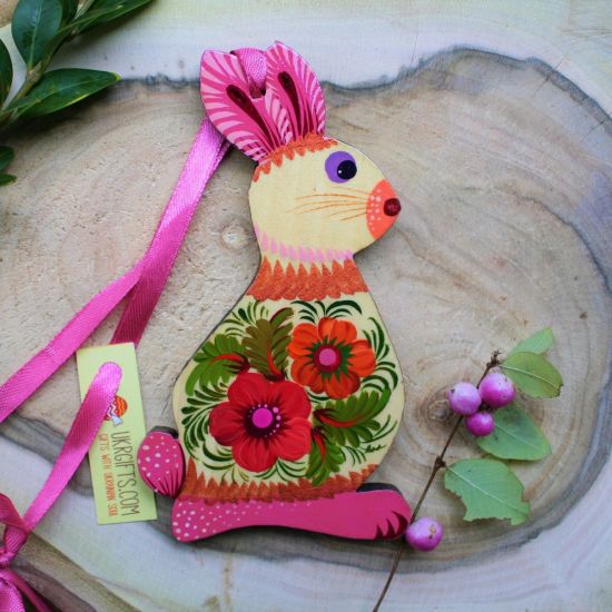 Easter rabbit  in pink-Beautiful Easter ornaments made of wood with flower pattern