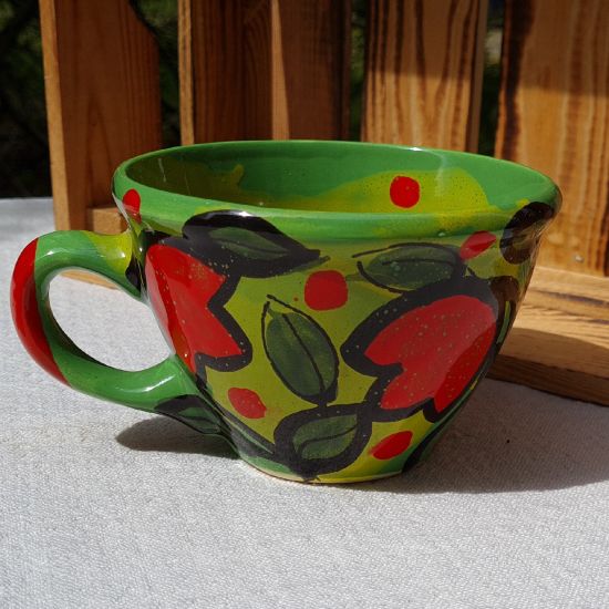 Hand painted ceramic cup with flowers - naive tulips design 