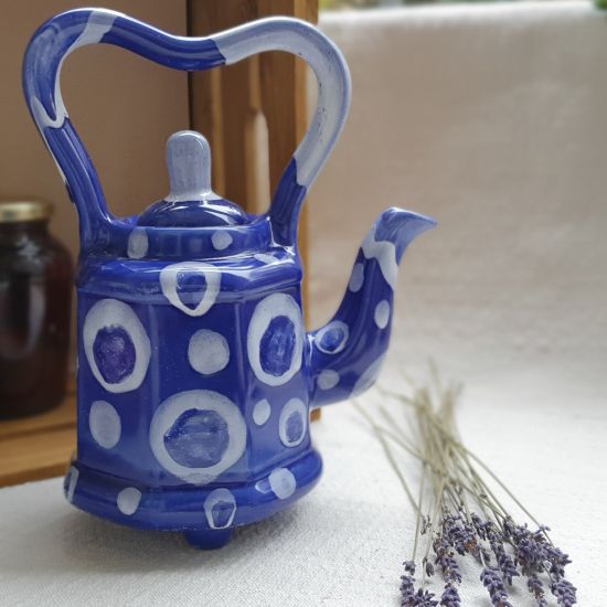 Getöpferte Teekanne "Blaue Abstraktion", originelle Handarbeit