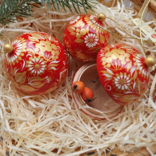 Rot-goldene handbemalte Weihnachtskugeln - Geschenk boxes , Set mit 3 St. (8-7- 5.5 cm)