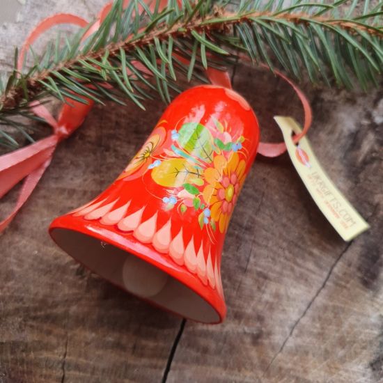 Hand painted Christmas bell, red with flowers patterns