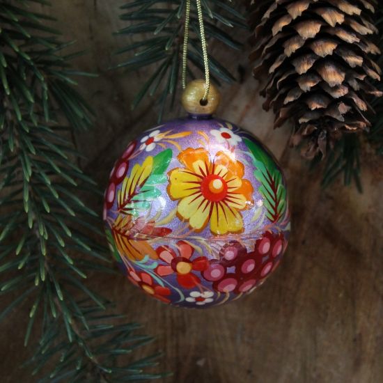 Hand painted pink Christmas ball with flowers- 5.5cm