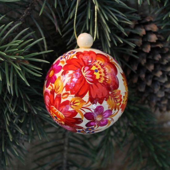 White-red hand painted Christmas ball with Petrykivka painting