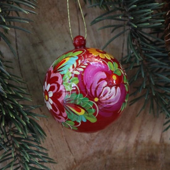 Red Christmas ball painted with flower ornament - 5.5cm
