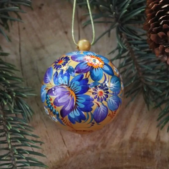 Hand painted Christmas balls -golden with blue, 5.5 cm