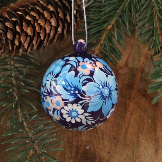 Small hand painted blue Christmas ball, Petrykivka painting