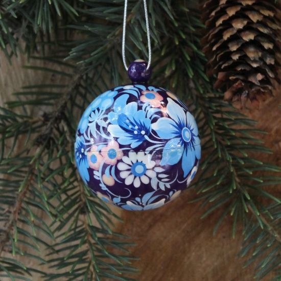 Small hand painted blue Christmas ball, Petrykivka painting