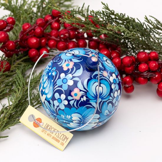 Blue Christmas ball made of wood artisanal painting 7 cm