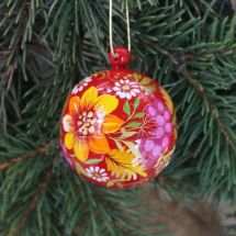 Red hand painted with flowers Christmas ball - Petrykivka painting