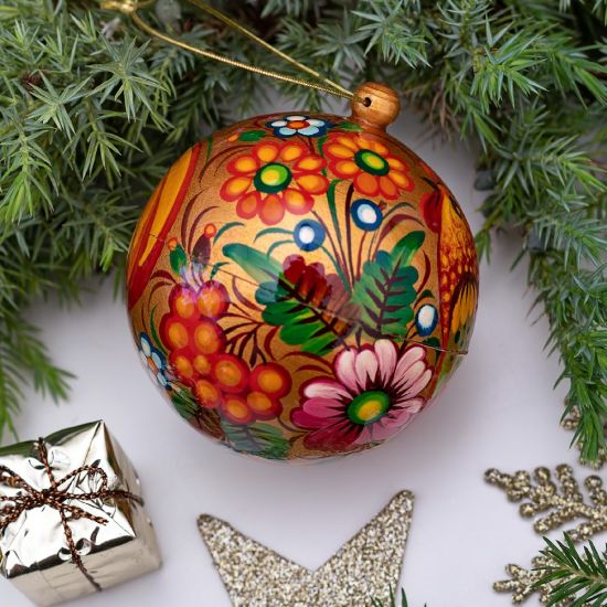 Golden Christmas tree ball wooden hand painted with ruster