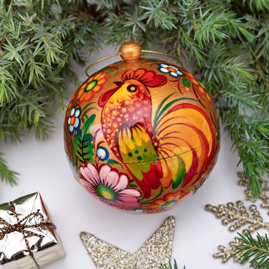 Golden Christmas tree ball wooden hand painted with ruster