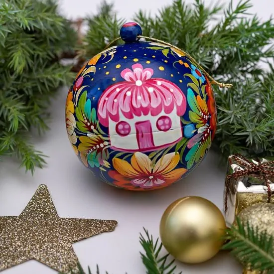 Colorful Christmas ball artistical hand painted with a house as a motif