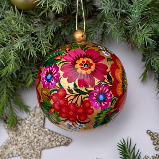 Golden Christmas ball painted with floral patterns made of wood, openable