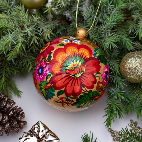 Golden Christmas ball painted with floral patterns made of wood, openable