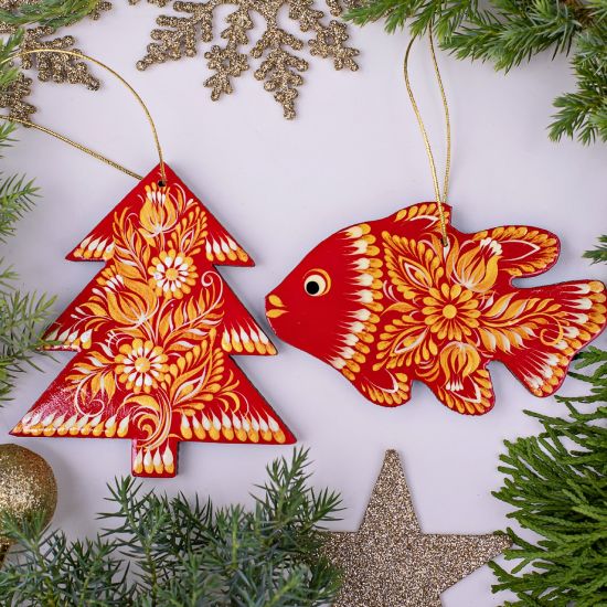 Rot-golden Christmas ornaments set - exclusive hand painted on wood