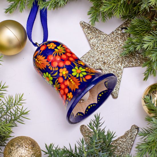 Decorative bell, wooden Christmas ornament, ukrainian painting