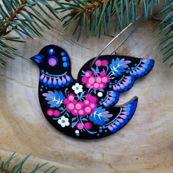 Hand painted Christmas ornament Bird blue-pink