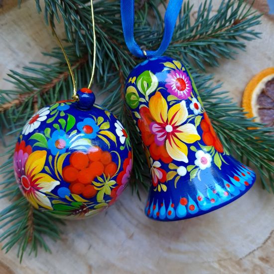 Colorful painted Christmas ornaments- set, Christmas ball and bell, pink