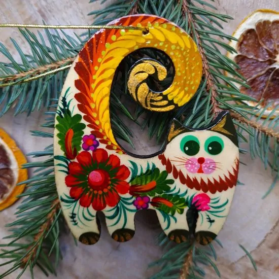 Ukrainian traditional painted Christmas decoration for cat lovers