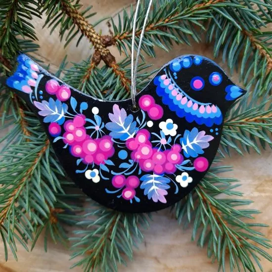 Wooden Christmas decoration Bird with blue and pink patterns