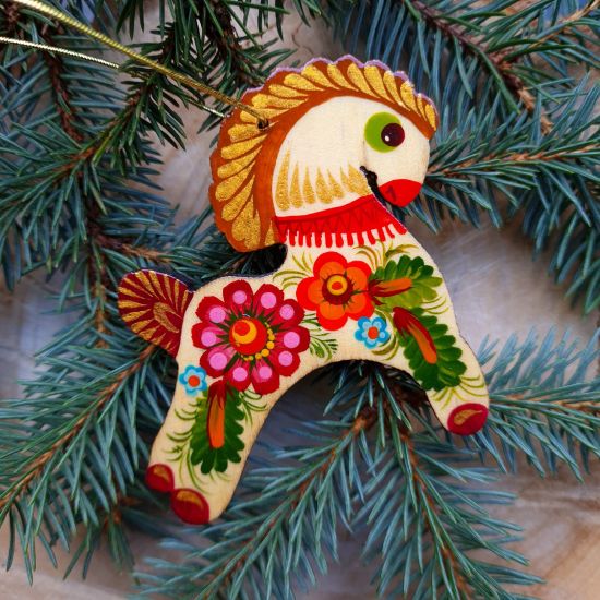 Rustic wooden Christmas ornaments Horse painted with Petrykivka painting