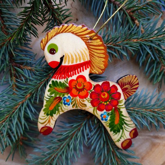 Rustic wooden Christmas ornaments Horse painted with Petrykivka painting