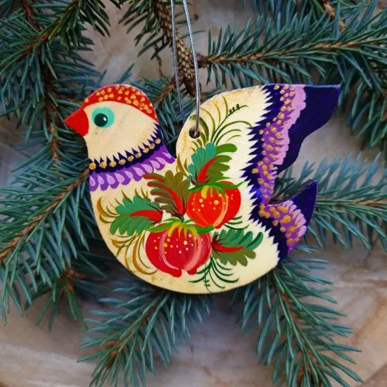 Rustic Christmas tree pendant bird traditionall painted