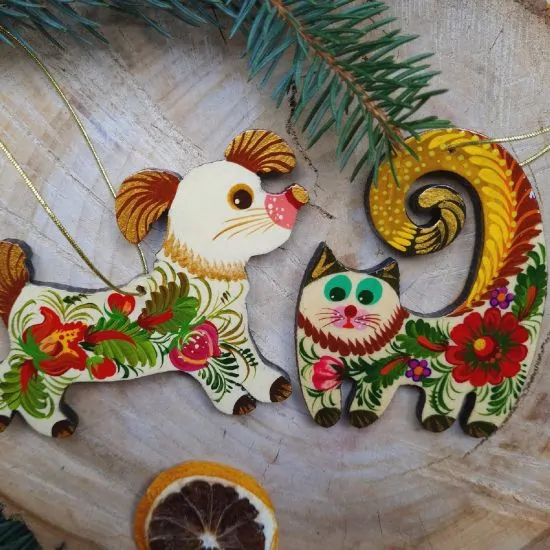 Katze und Hund  Weihnachtsschmuck Tiere aus Holz handbemalt