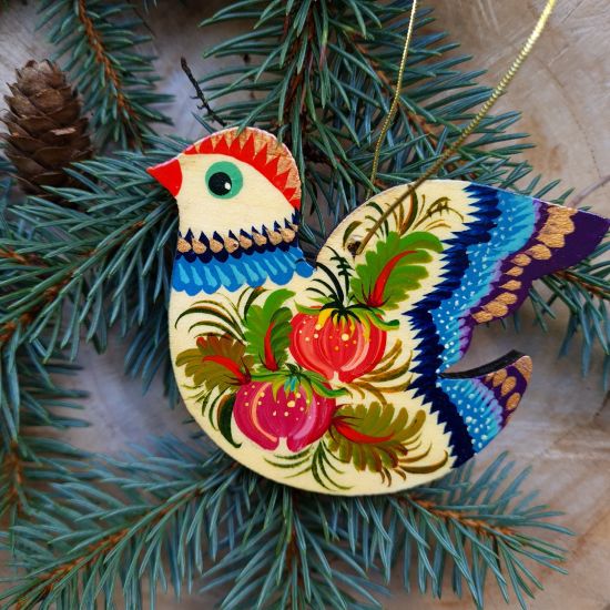  Bird Christmas tree ornament Ukrainian rustic with flower patterns