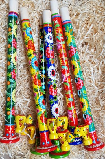 Wooden flute for children, music handmade toy, ukrainian Petrikivka painting