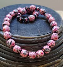 Beaded necklace pink and black, wooden jewelry with flowers painting