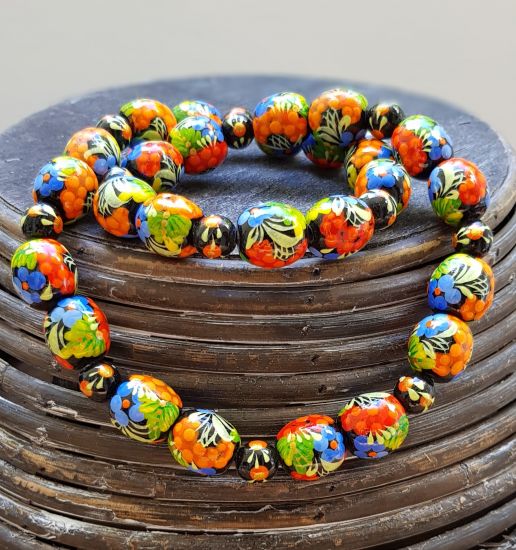 Unique wooden bead necklace, hand painted with flowers