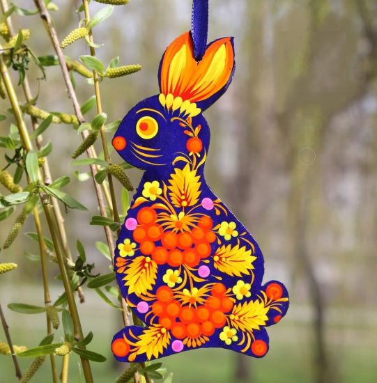 Wooden Easter decoration - creative Easter bunny - hand painted with a flower pattern