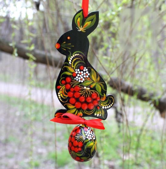 Hand painted Easter rabbit with an egg -  wooden Easter ornaments, black