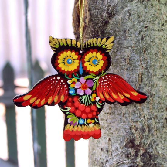 Owl Christmas tree decorations made of wood, funny animals 