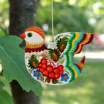 Easter wooden ornaments Bird with ukrainian Petrykivka painting 