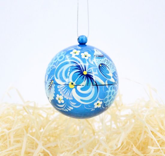 Pearl blue Christmas tree ball hand painted 7cm wooden openable