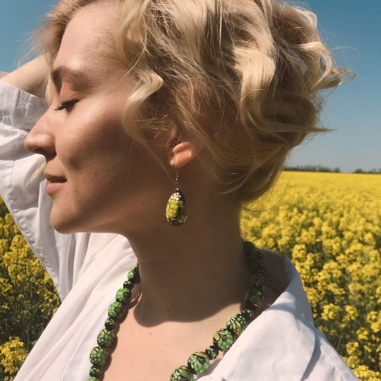Folk style earrings drop in green, made of wood and hand painted, Ukrainian original art