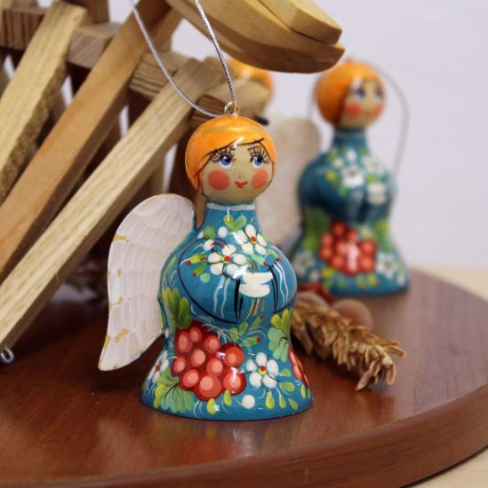 Angel bell Christmas tree ornament, ethnic wooden ornament in ukrainian Petrykivka style
