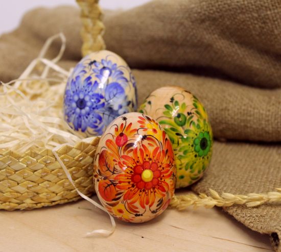 Ukrainian eggs in  Easter basket - hand painted wooden eggs - Pysanky