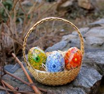 Ukrainian eggs in  Easter basket - hand painted wooden eggs - Pysanky
