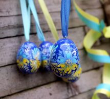 Yellow-blue hand painted small Easter eggs Ukrainian Art