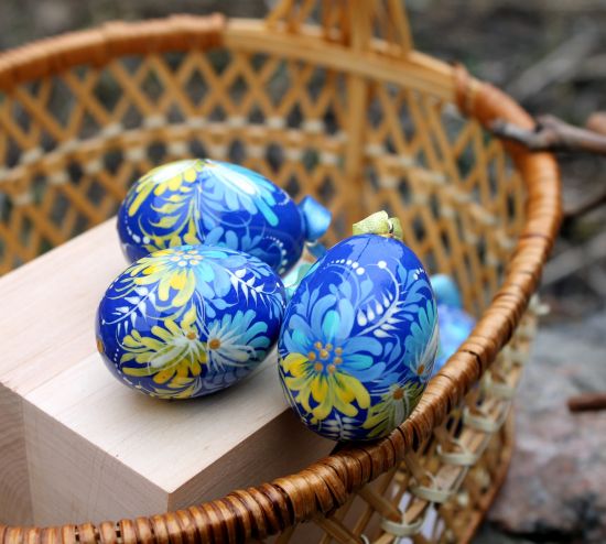 Yellow-blue hand painted small Easter eggs Ukrainian Art