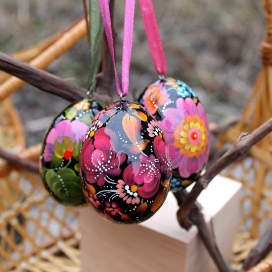 Ukrainian hand painted eggs, Easter tree wooden decorations