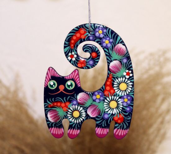 Funny cat, wooden Christmas ornament, animal Christmas decoration