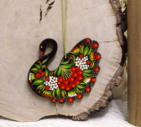 Hand painted wooden Christmas ornament Black Swan Ukrainian Handicrafts