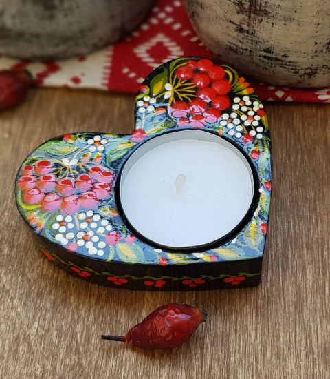 Handgefertigter Kerzenhalter-Herz aus Holz, ukrainische traditionelle Perykiwka Malerei