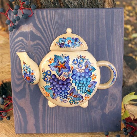 Kitchen wall decoration made of wood Teapot, hand painted